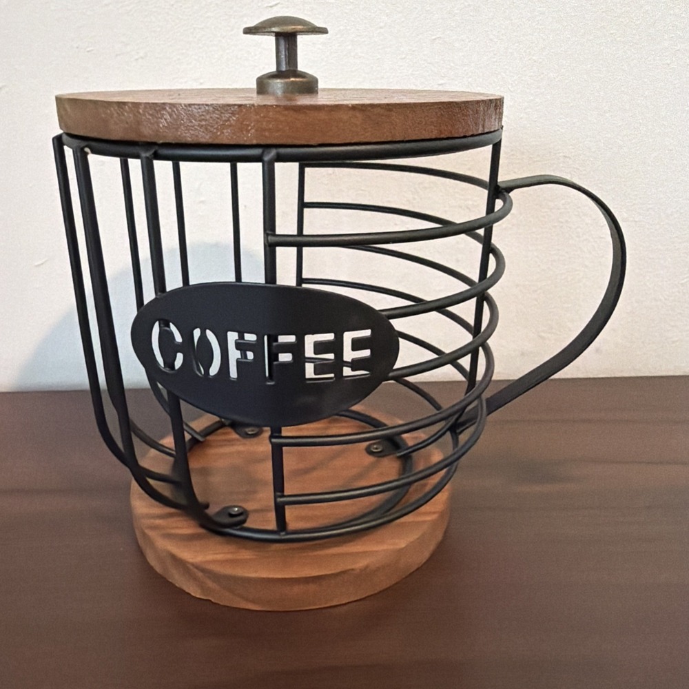 Round Wire Coffee Pods Holder Wooden Lid Base Storage Basket Black Farmhouse